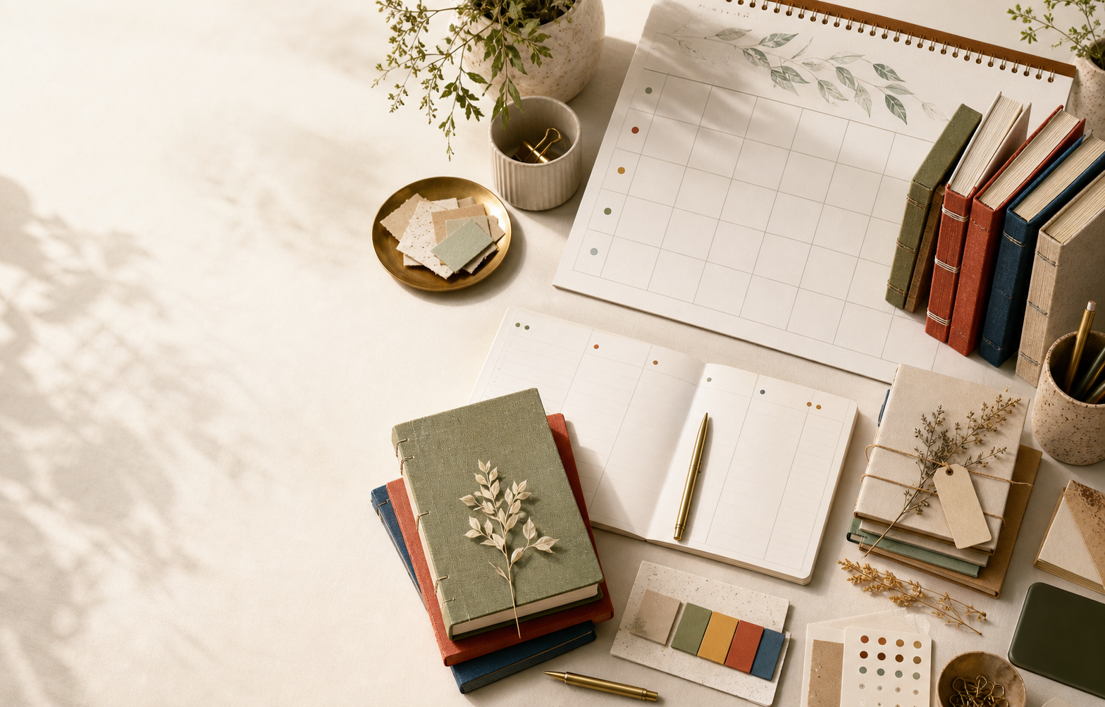 Handmade journals, calendars, planners, habit cards, envelopes, and paper tabs arranged on a calm desk for phone-free routines.
